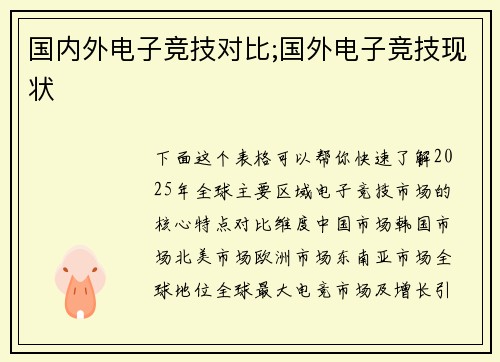 国内外电子竞技对比;国外电子竞技现状